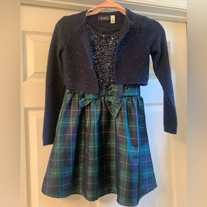 Girls Sequin plaid knit to woven dress with matching sequin cardigan